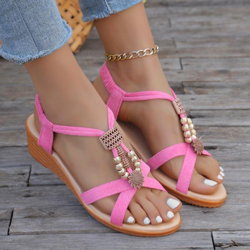 Bohemian flat casual open-toed sandals women's summer new beaded wedge sandals beach shoes