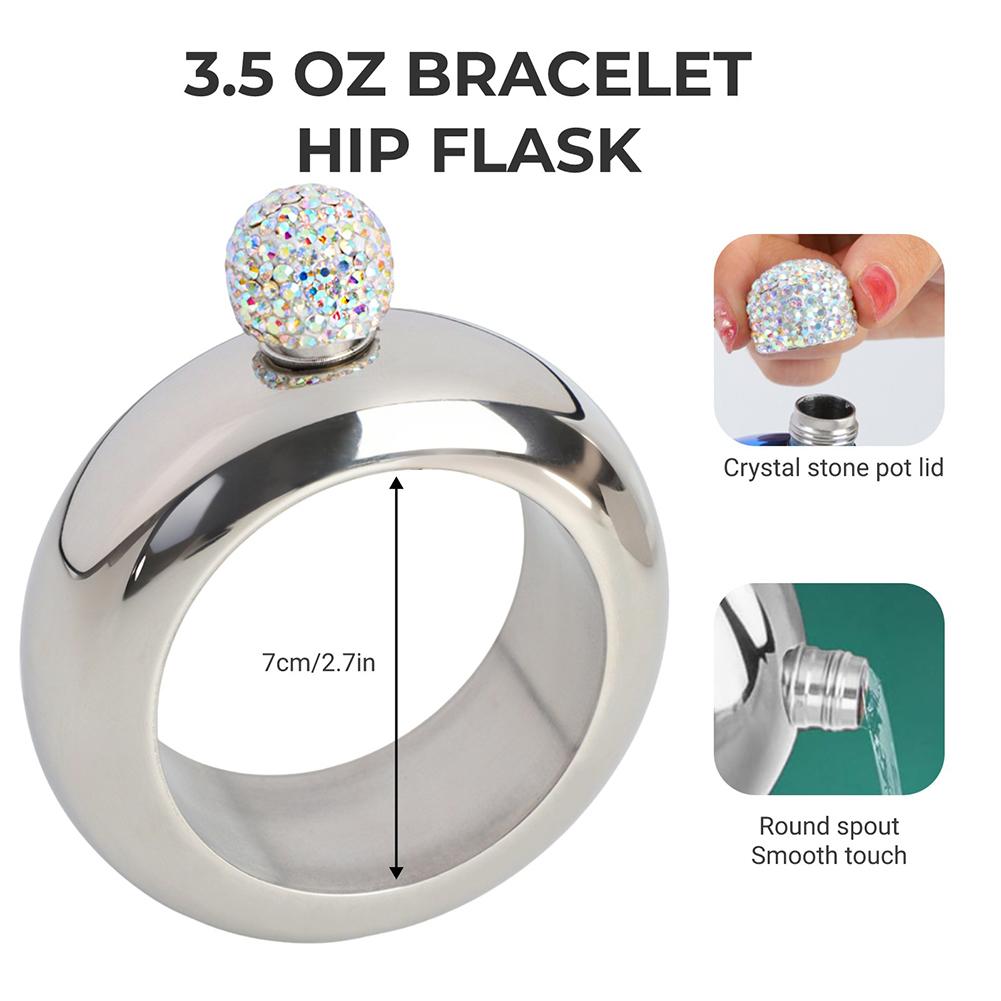Bracelet Flask Bangle Hip Flask with Handmade Crystal Lid 304 Stainless Steel Flask Stainless Steel Bracelet Flask for Women Men