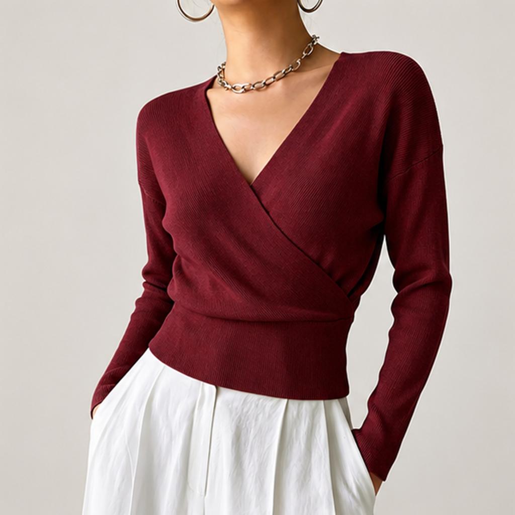 Women's Color Long Sleeve Cross Front Waist Tie Knit Top