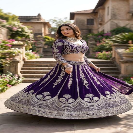 Royal Purple Velvet Embellished Lehenga Set FREE SIZE