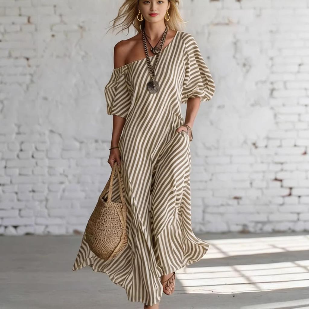 European and American summer new printing elegant classic striped off-the-shoulder dress