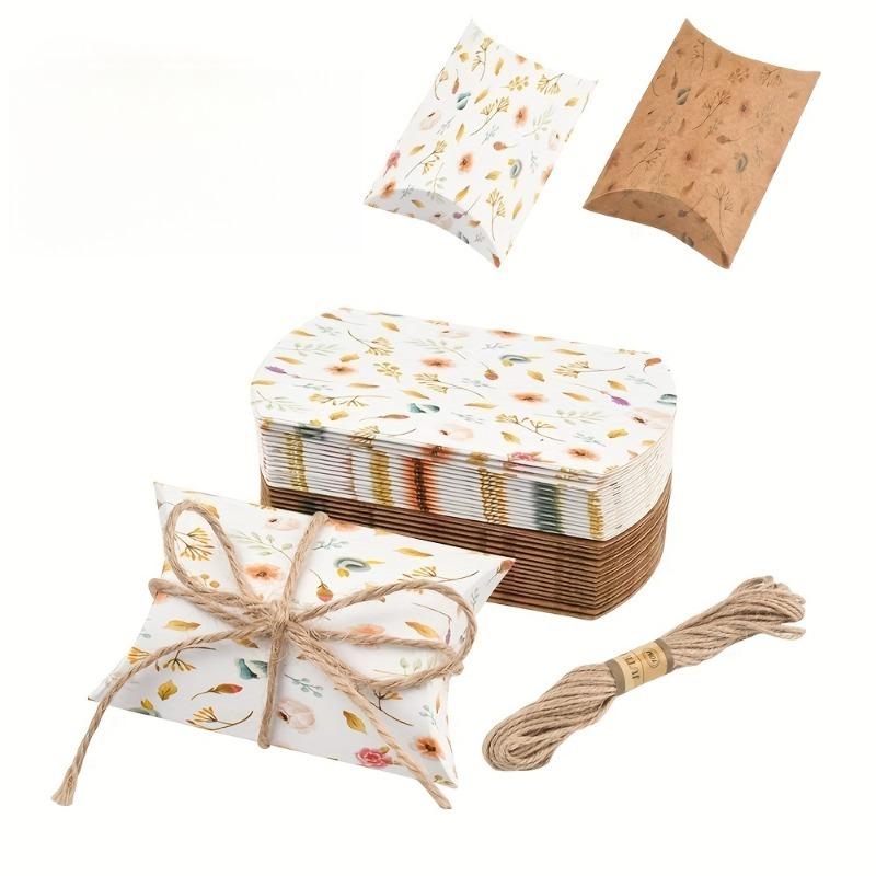 50/100 Stück 2 Farben Blumenmuster Papierkissen Geschenkboxen Verpackung mit Juteschnur für Schmuckverpackungsbeutel Hochzeitsgastgeschenk-Boxen