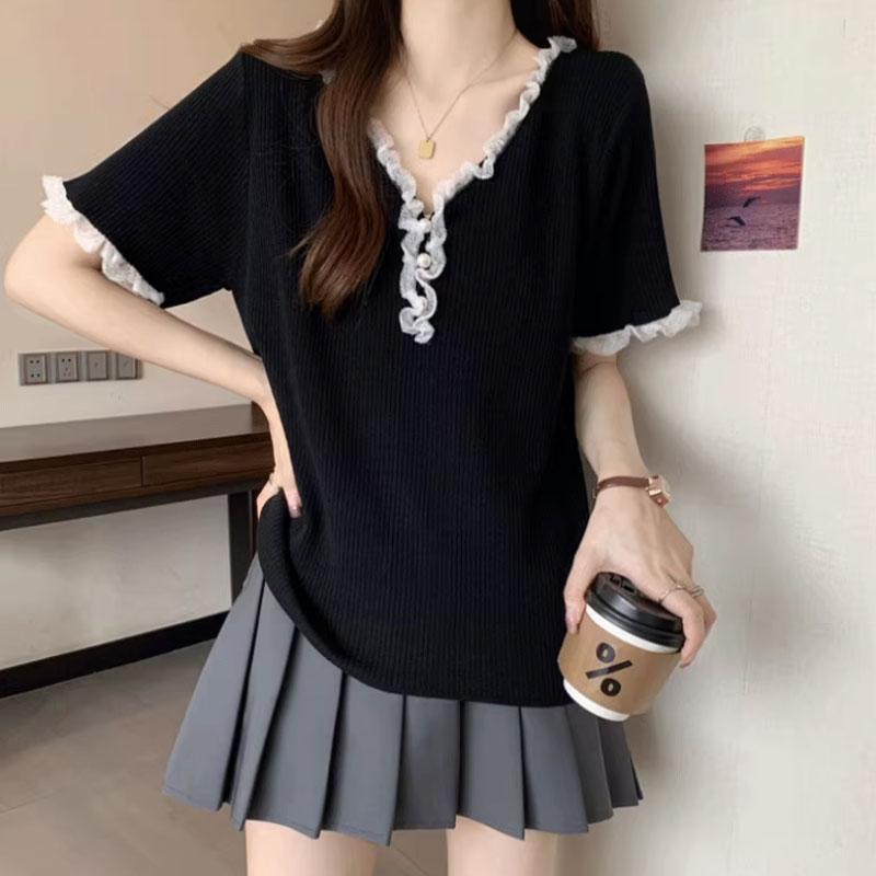 Fashionable Ruffles Spliced Pullovers Women's Clothing Solid Color Basic Summer Lace V-Neck Korean Short Sleeve Loose T-shirts