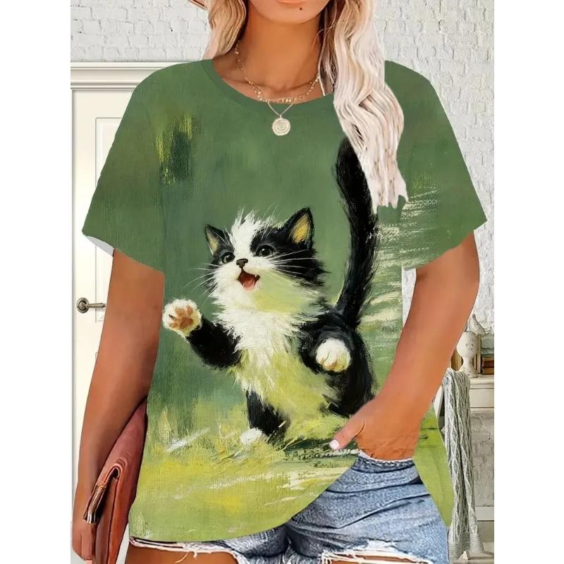 Crew Neck T-Shirt Fashion Women's Animal Short Sleeve 3D Animal Color Printing Crew Neck Short Sleeve