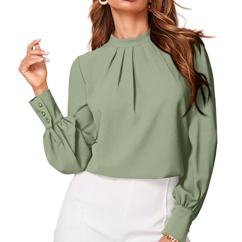 Ladies' Fashionable And Elegant Chest Pleated Stand Collar Long Sleeved Solid Color Top