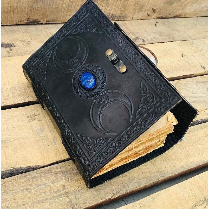 Triple moon goddess vintage leather journal witch stone, deckle edge paper, blank spell book of shadows grimoire journal, great gift book