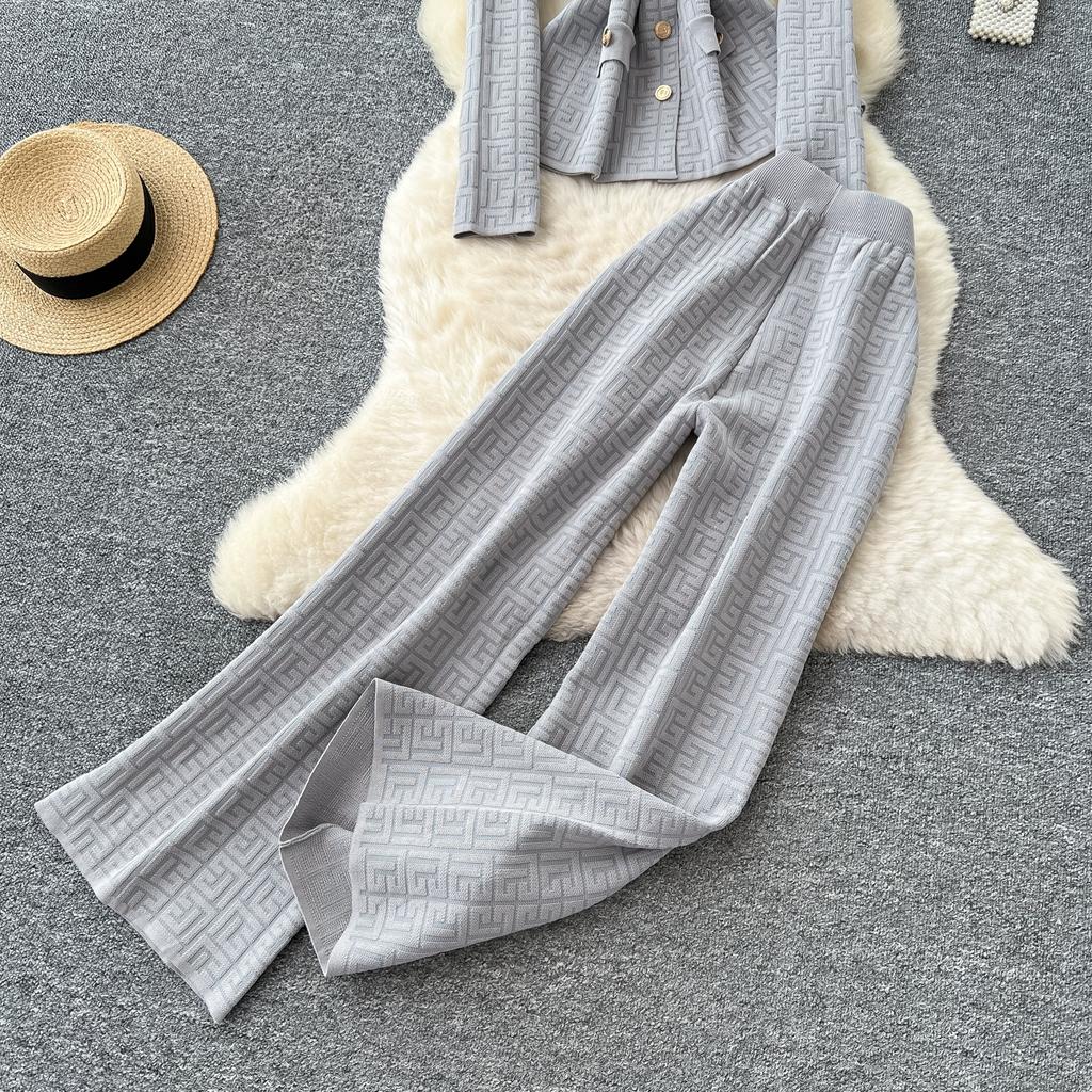 Herbst Winter Damen Vintage Designer Strickpullover Hose Zweiteiliges Set Blazerkragen Jacke Mantel und Weitbeinige Hose Trainingsanzug