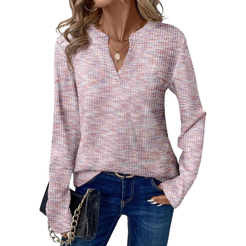 Women V Neck Long Sleeve Loose Fit Casual T Shirt