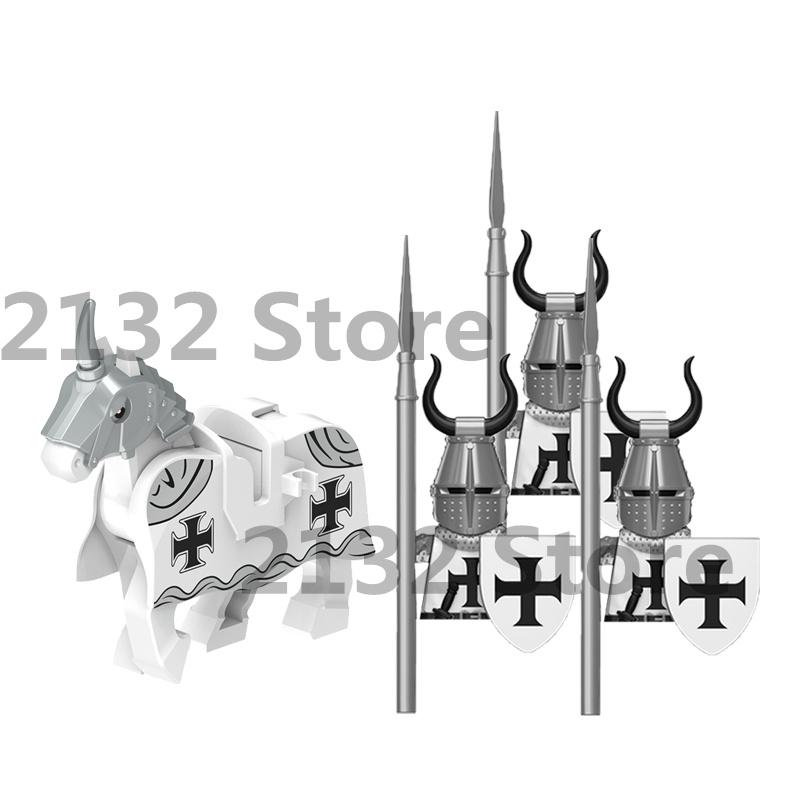 Medieval Castle MOC Building Blocks Wolf Warriors Soldier Figure Crusader Knights Horse Flag Vests Shield Weapon Toys Gifts T022