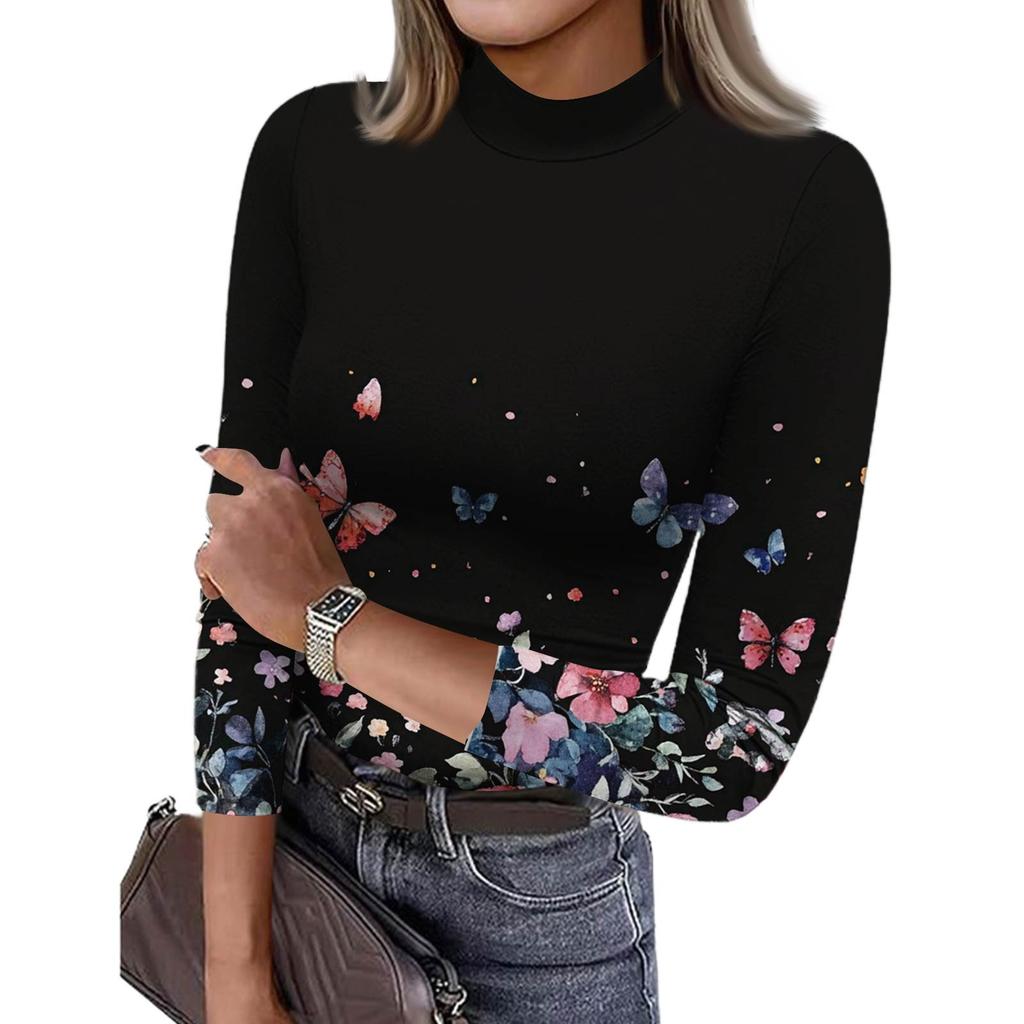 Damen Slim Bottom T-Shirt Mode Lässig Farbverlauf Druck Rundhals Pullover 3/4 Ärmel Top