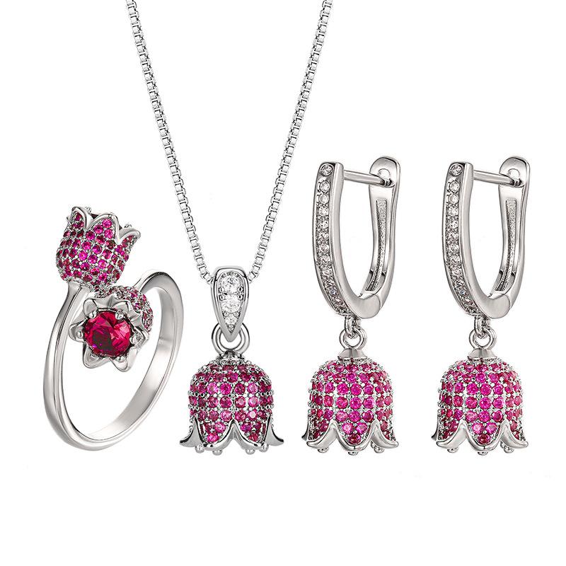 2025 New Set Of Jewelry Necklace Earrings Ring Inlaid Ruby Rose Women's Fashion Simple