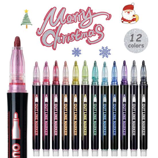 Dual-Tip Metallic Outline Pens Fluorescent Marker with Colorful Borders Smooth Tip Highlighters for Cards Crafts & Notes