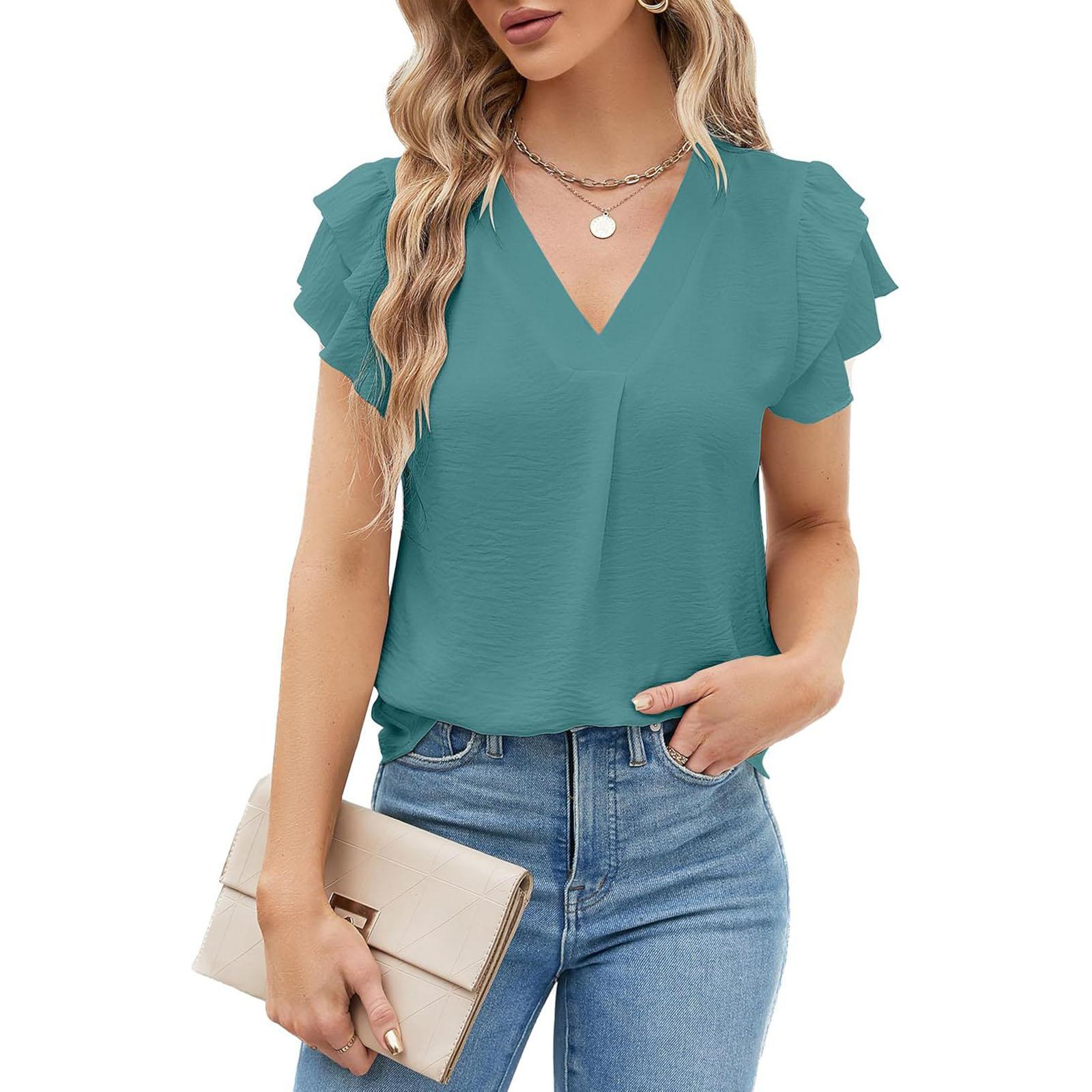 Women s Fashion Loose-Fit V-Neck Pullover T-Shirt Short Sleeve Top S зелёный