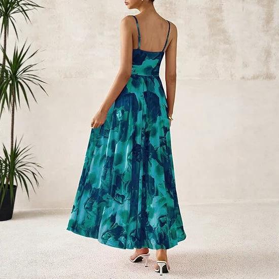 European and American new elegant thin shoulder strap dress printed party dress beach dress