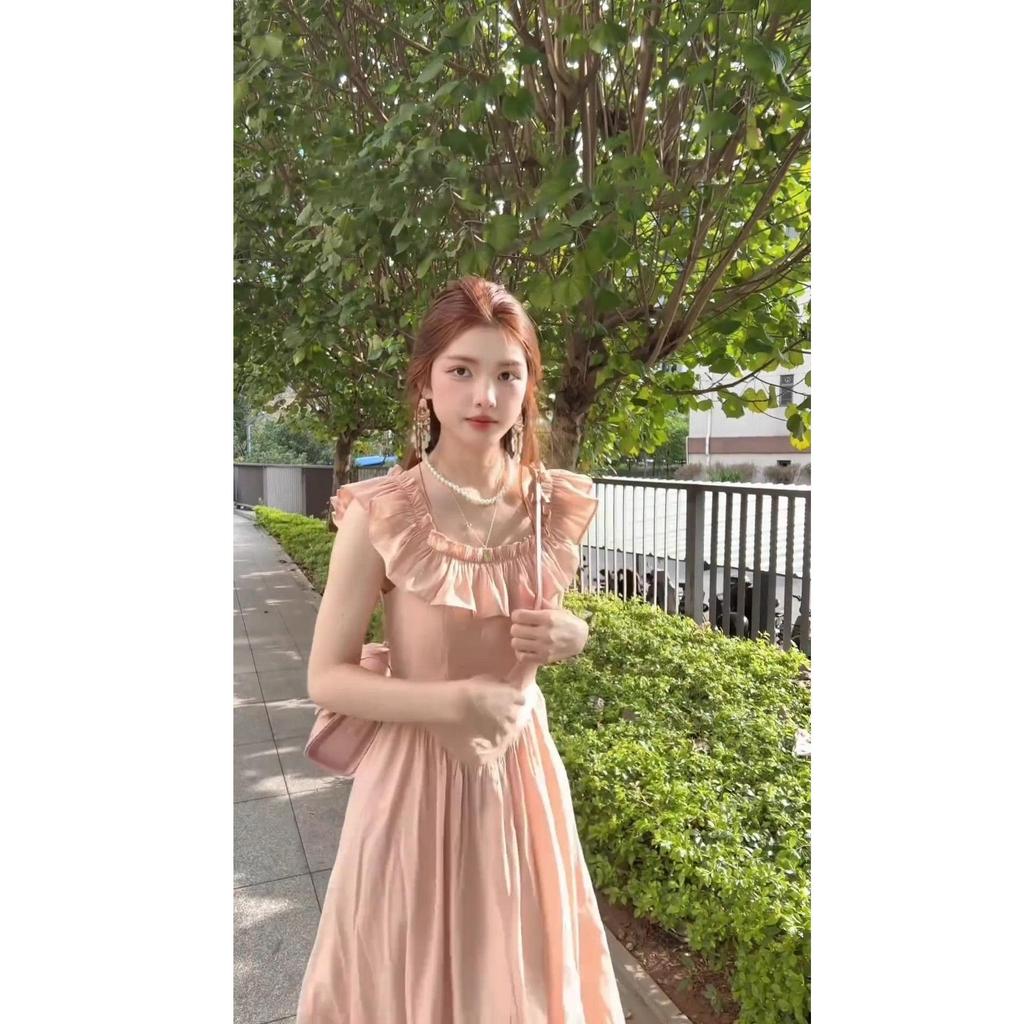 French Ruffle Flutter Sleeve Chiffon Dress - Korean Style Square Neck in Pink for Spring/Summer
