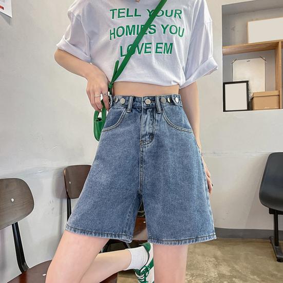 

Женские джинсы до колена с регулируемыми карманами на пуговицах, винтажные джинсы на молнии на талии, однотонные свободные женские джинсы трапециевидной формы M белый