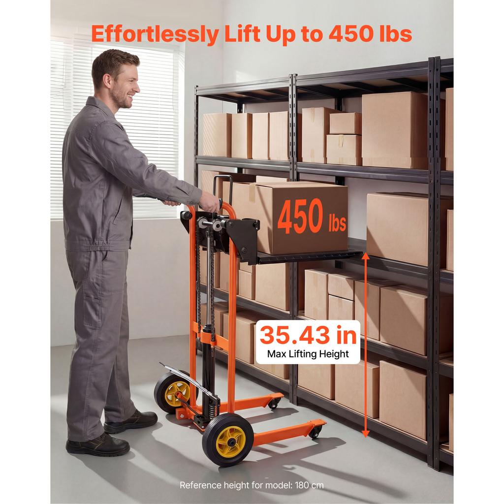 SucceBuy 450Lbs Hydraulic Material Lift Winch Stacker with Fork Lift Table 35in/40in Max Lifting Height Pallet Truck Dolly