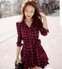 Korean Slim Fit Red Plaid Waist-Defining Shirt Dress for Spring/Autumn