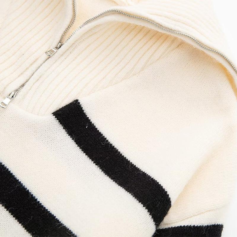 Maglione da Donna Casual Largo con Collo Alto e Zip a Strisce Lavorato a Maglia Pullover Autunno Inverno Top Caldi Maglieria Primaverile