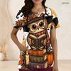 Bata de Halloween para Mujer Talla Grande con Cuello de Ojal, Manga Corta, Estampado de Búho y Bolsillos Delanteros