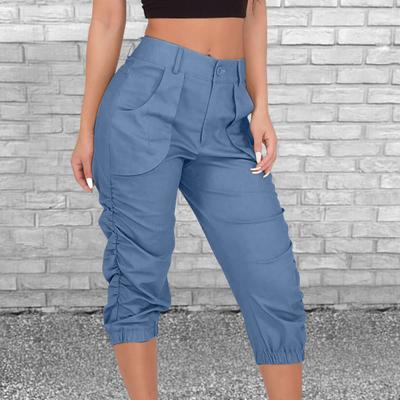 Pants Mid-Rise Relaxed-fit Solid Color Pure Colors Stretchy Elastic Waist Side Ruched Women Mid-calf Sports Pockets Cargo Pants Female Clothing