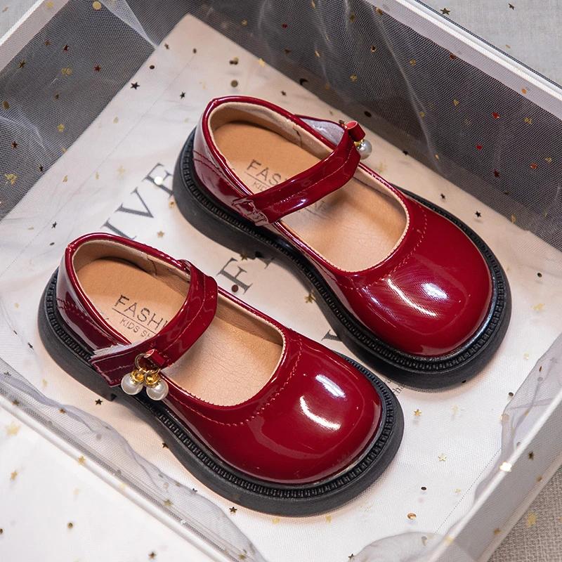 Girls Black Leather Shoes Princess Sweet Flat Mary Janes with Pearl Pendant for Wedding Party Back To School Dress Flats 26-36