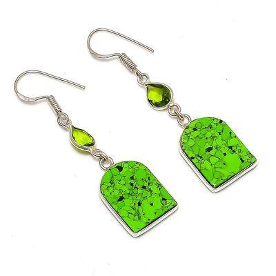Natural Green Turquoise, Peridot Gemstone 925 Sterling Silver Earring 2.01" u0D46