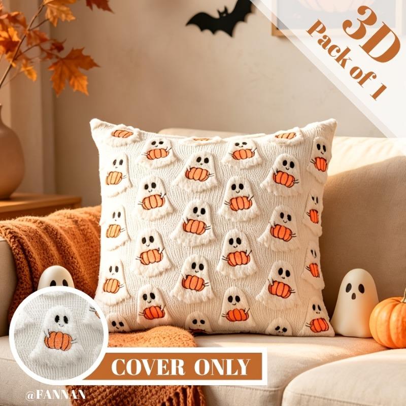 18×18in Quilted Ghost Pumpkin Plush Pillow Cover, Cute Cartoon Design for Halloween Home Decor. Pillow Insert Excluded.