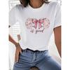 European Size GOD Is Good Floral Design T-Shirt - Women's Casual White Tee with Pink Bow Detail, Stylish Cursive Print -  Everyday Wear