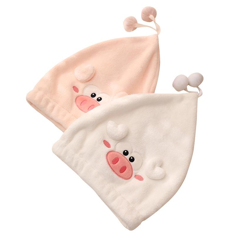Cartoon Little Pig Qiao, Coral Velvet Princess Hat, Facial Embroidery Shower Cap, Water-absorbing Thickened Hair Cap for Girls
