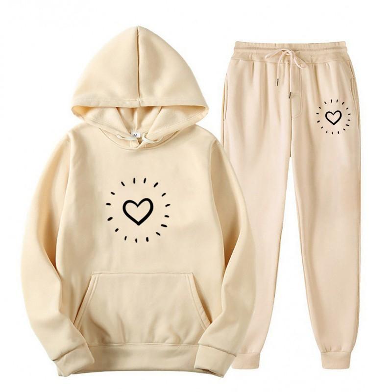 Womens Casual Hooded Sweatshirt Set Loose Fit College Style Printed Long Sleeve Top Drawstring Pants