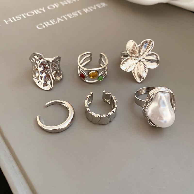 Folded flower pattern round opening ring six-piece set metal index finger ring niche design ring