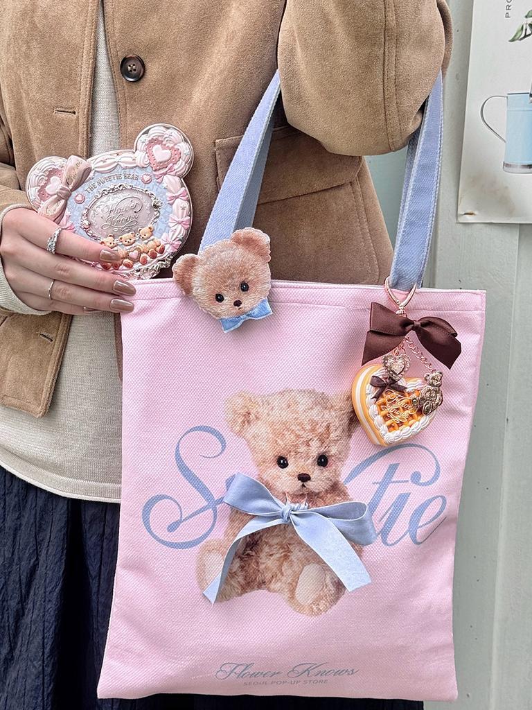 Flower Knows Limited Edition Pop-Up Store Pastel Pink Blue Aesthetic Hand Mirror with Powder Puff And Canvas Tote Bag for Makeup