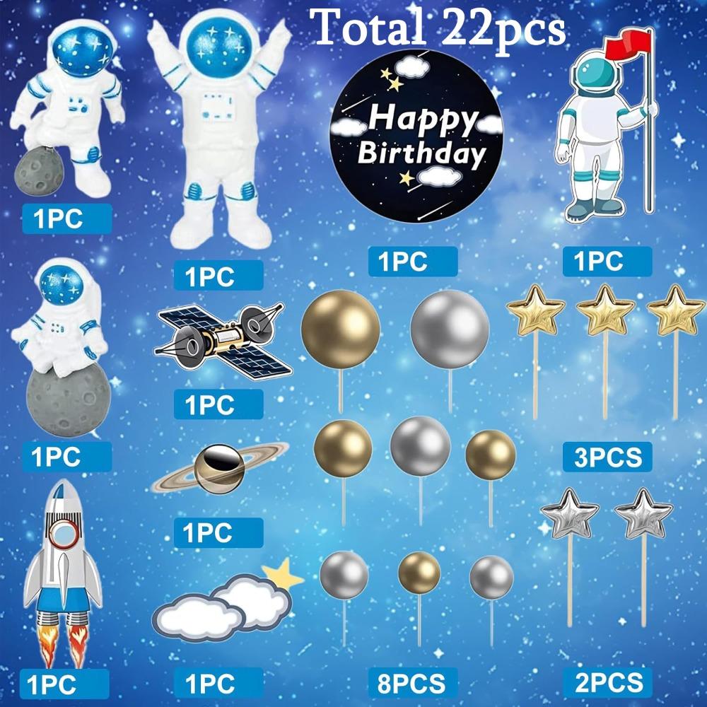 

22pcs Space Cake Topper Space Cupcake Toppers Astronaut Figurine Birthday Outer Space Themed Party Decorations Planet Rocket Pearl Balls Star DIY 22pcs