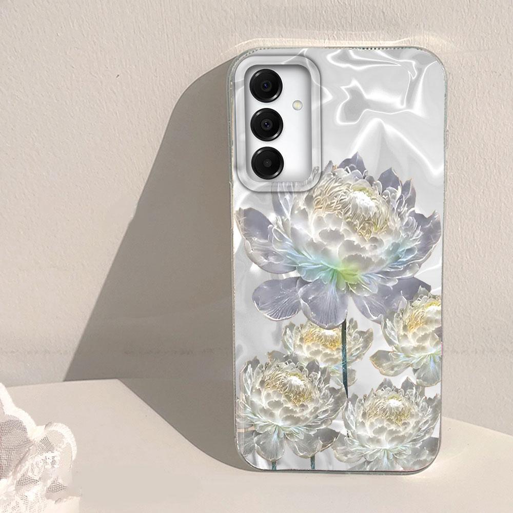 White Peony Lotus Print Women Girls Phone Case for Samsung Galaxy A55 A56 A36 A26 A16 A53 A06 A14 A24 A34 A54 A15 A25 A35 Cover