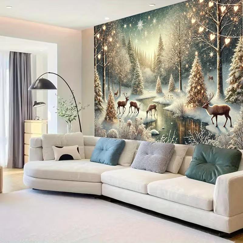 2D Snowy Winter Forest Backdrop, Christmas Reindeer Tapestry