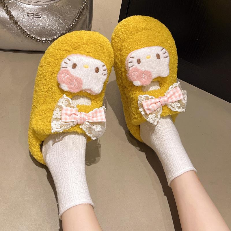 Cute cartoon KT cat fluffy slippers women's 2025 new fashionable versatile thick bottom heightening outer wear cotton slippers tide