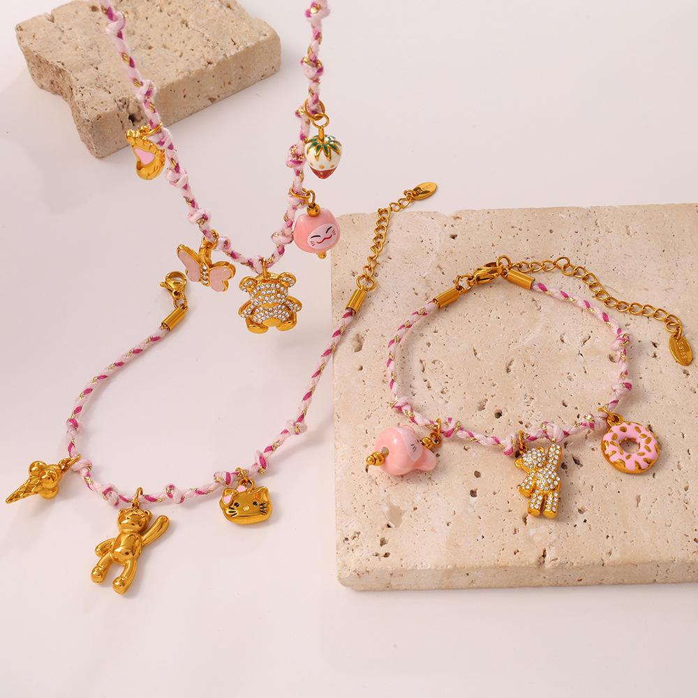 Pink rope bear strawberry necklace butterfly love diamond set sweet and cool niche neck chain bracelet set