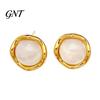 Soft Color Resin Studs 1 Pair Gemstone Stud Earrings for Women, Gold Plated Round Natural Slimming Face Shape Healing Stone Earrings, Stainless Steel