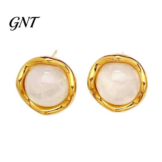 Soft Color Resin Studs 1 Pair Gemstone Stud Earrings for Women, Gold Plated Round Natural Slimming Face Shape Healing Stone Earrings, Stainless Steel