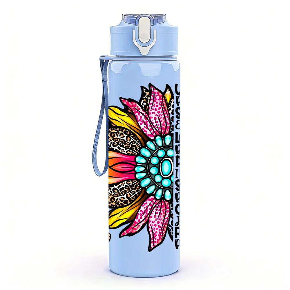 1PC Mandala Sunflower Text Art 750ml Color Plastic Sports Water Bottle Leakproof Flip Straw Lid Suitable for Sports Office Home Use