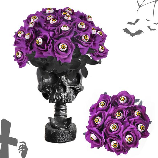 Halloween Flowers with Eyeball, Fake Bouquet Roses, Artificial Flowers with Stems for Halloween Vase Arrangements, Table Decorations