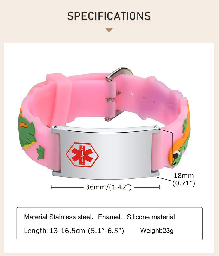Customized Dinosaurs Medical Alert ID Bracelet , Adjsutable Silicone Bracelet, Food Allergy Engraved for Little Girl Boy