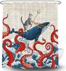 Funny Cat Whale Shower Curtain, Red Kraken Octopus Japanese Ocean Wave with Chinese Auspicious Clouds Shower Curtain with Hooks