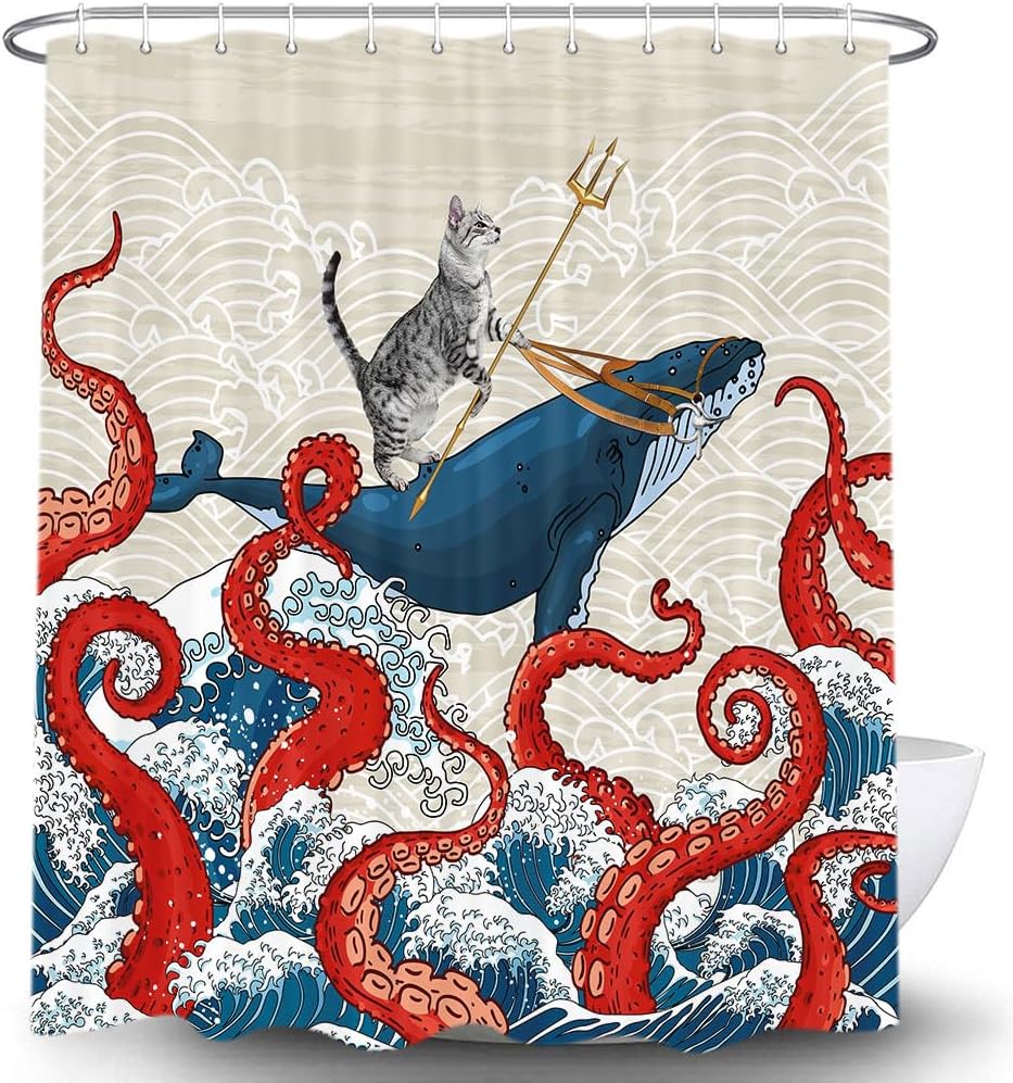 Funny Cat Whale Shower Curtain, Red Kraken Octopus Japanese Ocean Wave with Chinese Auspicious Clouds Shower Curtain with Hooks