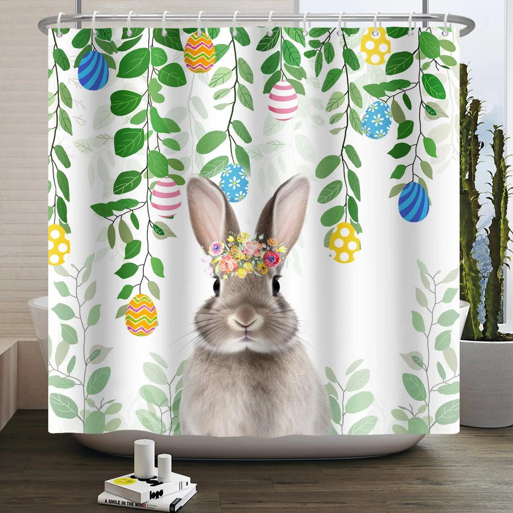 Spring Easter Shower Curtain Happy Rabbit Bunny Eggs Flower Garden Floral Holiday Waterproof Bathroom Shower Curtain With Hooks