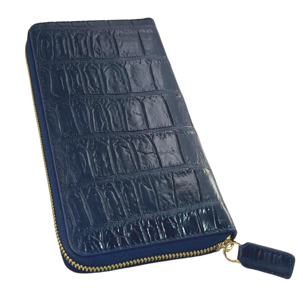 Genuine Crocodile Leather Round Zipper Long Wallet for Men and Women (Navy)