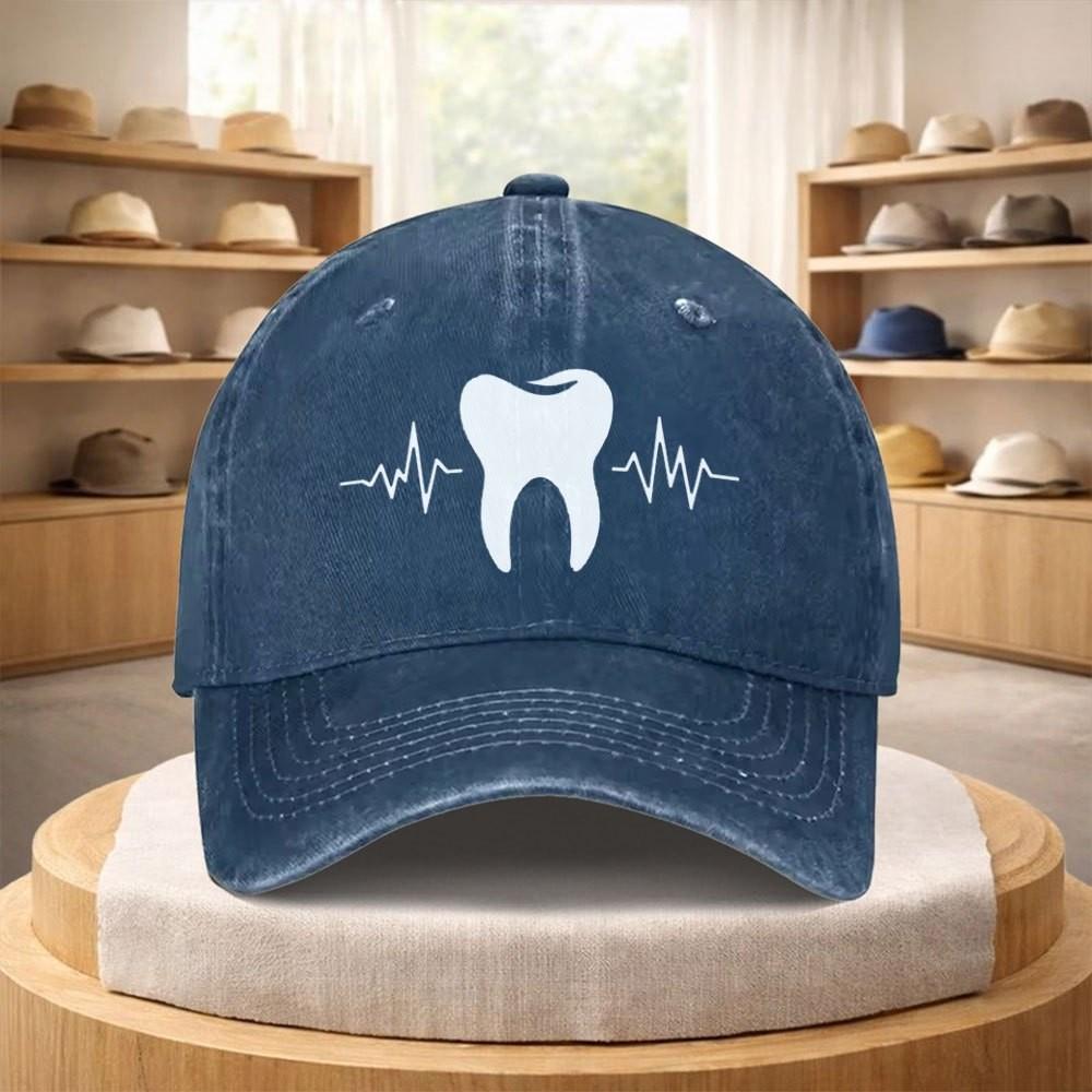 Dental ECG Heartbeat Tooth Graphic Washed Baseball Cap Adjustable Cotton Outdoor Sports Hat
