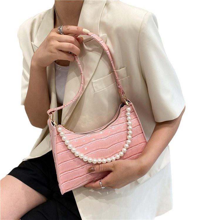 Elegant Pu Leather Underarm Bag With Pearl Details For Stylish Women