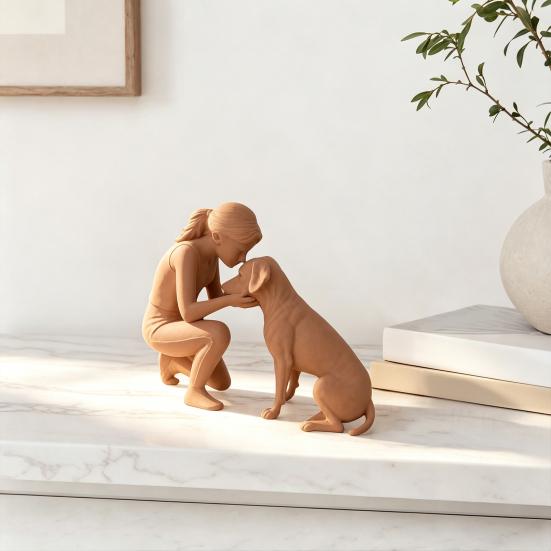 3D Printed Women Dog Figurine, Girls Pet Friendship Decorative Statue Sculpture for Living Room Home Office Shelf, Gift for Dog Lovers